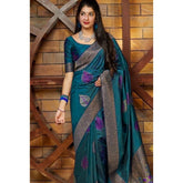 Rama blue litchi silk printed saree with unstitched blouse for casual occasions