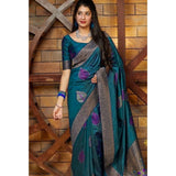 Rama blue litchi silk printed saree with unstitched blouse for casual occasions