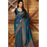 Rama blue litchi silk printed saree with unstitched blouse for casual occasions, vibrant floral design on display