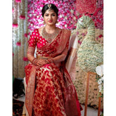 Red litchi silk printed saree with unstitched blouse for casual occasions