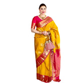 Yellow litchi silk printed saree with unstitched blouse for casual events