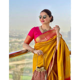 Yellow litchi silk printed saree with unstitched blouse for casual occasions