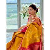 Yellow Litchi silk printed saree with unstitched blouse for casual occasions