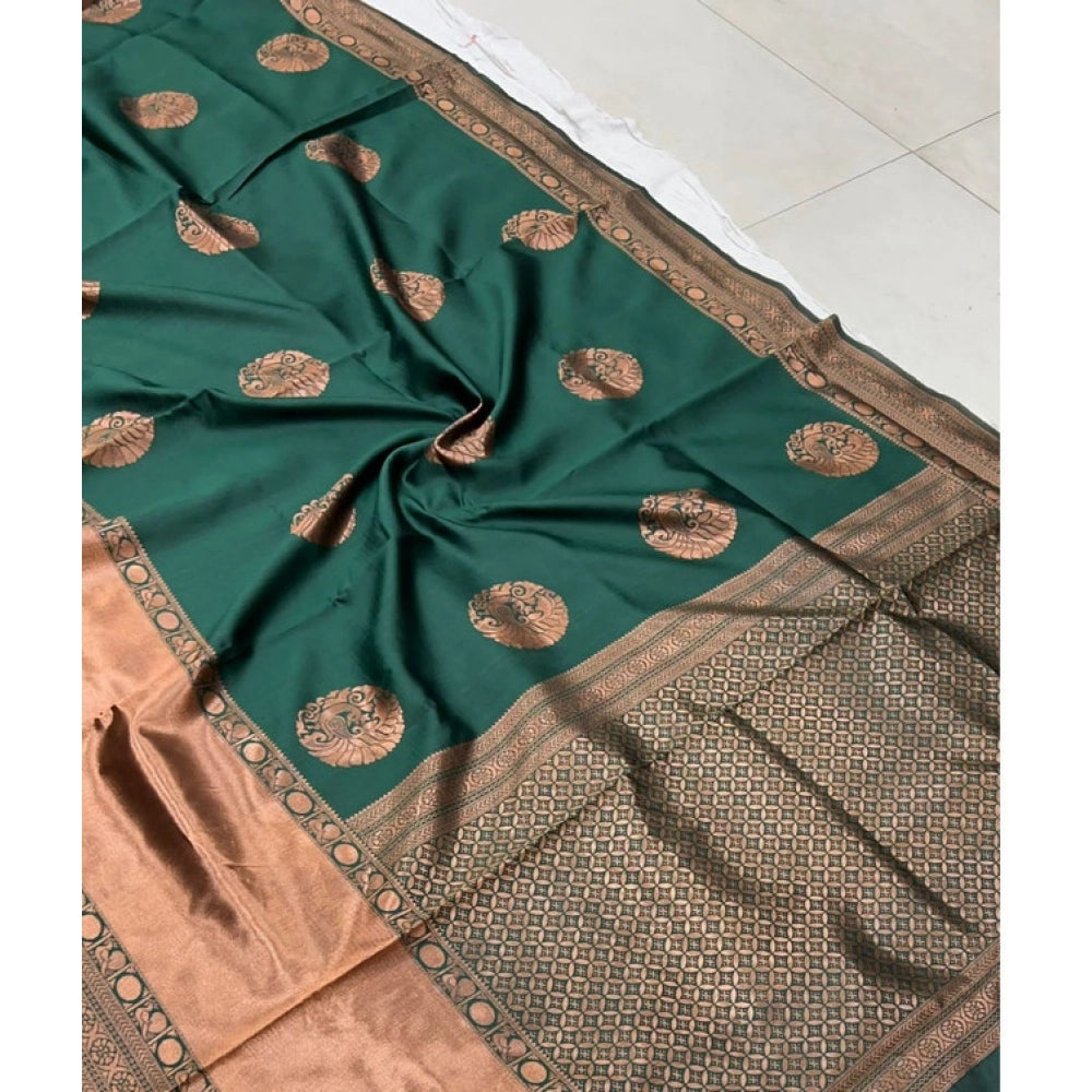 Green litchi silk printed saree with unstitched blouse for casual occasions