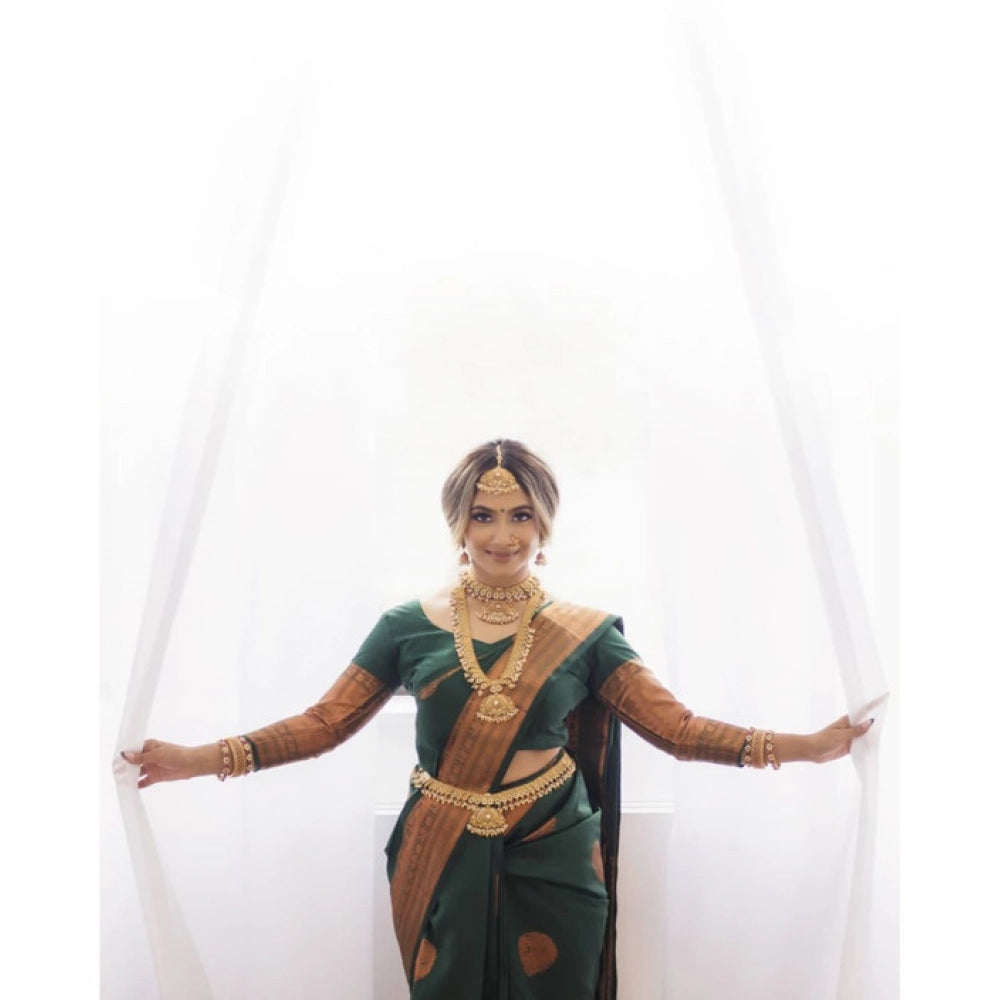 Green litchi silk printed saree with unstitched blouse for casual occasions