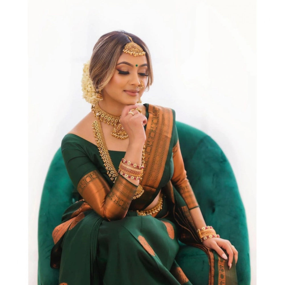 Green litchi silk printed saree with unstitched blouse for casual occasions