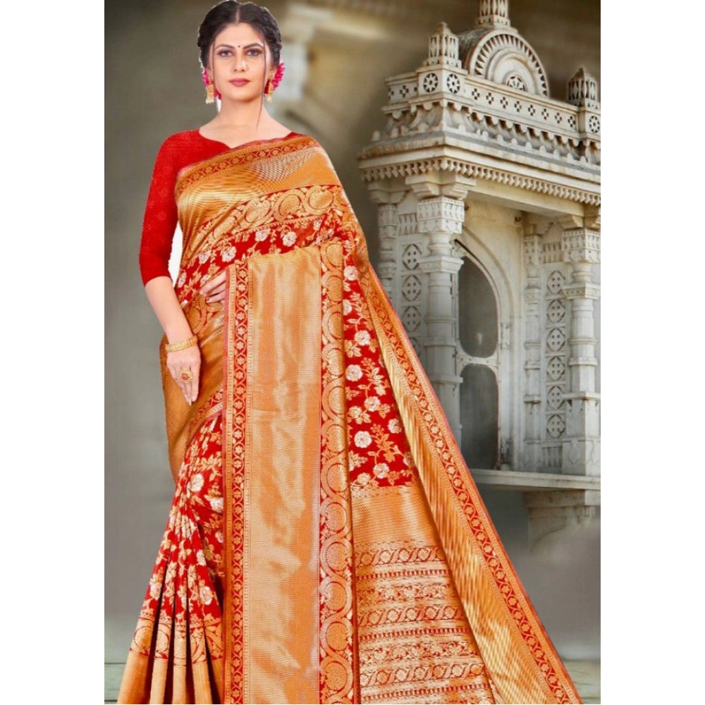 Red litchi silk printed saree with unstitched blouse for casual events