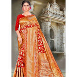 Red litchi silk printed saree with unstitched blouse for casual events