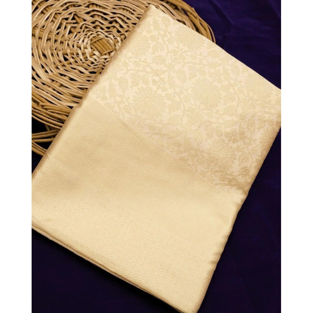 Gold litchi silk printed saree with unstitched blouse for casual occasions