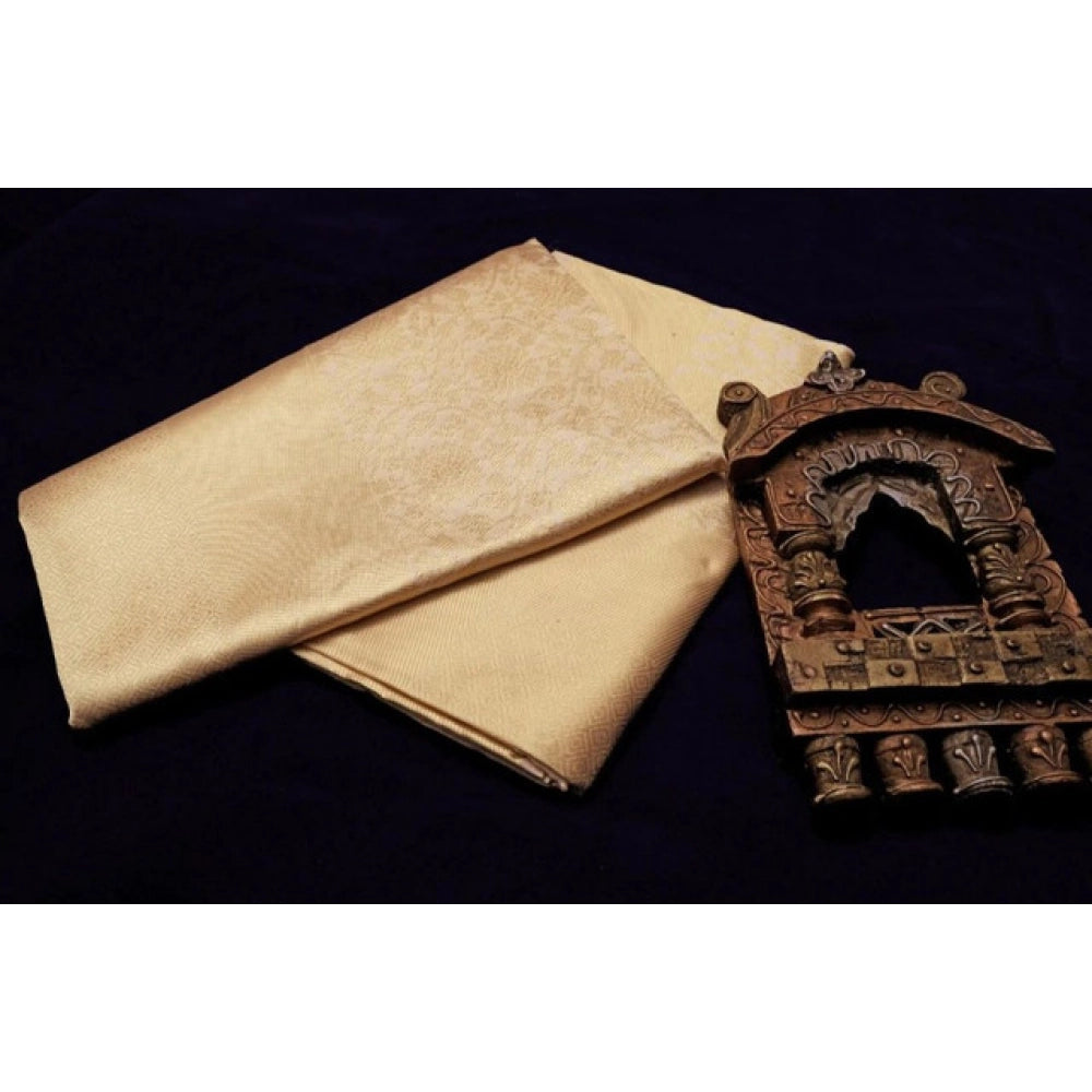 Gold litchi silk printed saree with unstitched blouse, casual Indian women's fashion accessory
