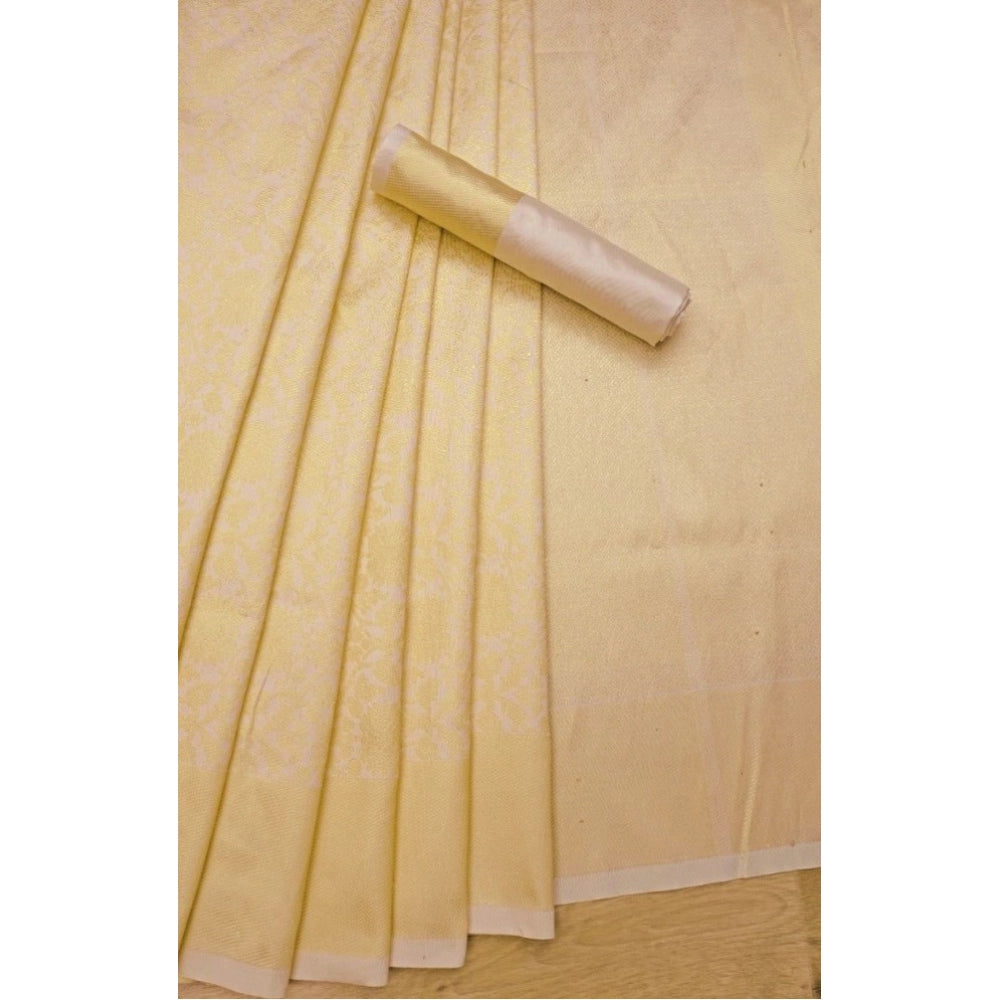 Litchi silk printed saree with gold unstitched blouse for casual occasions