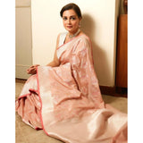 Peach litchi silk printed saree with unstitched blouse, traditional Indian women's wear for casual occasions