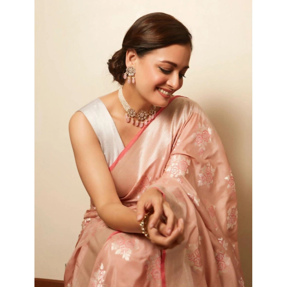 Peach litchi silk printed saree with unstitched blouse for casual occasions