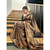 Gold litchi silk printed saree with unstitched blouse, perfect for casual occasions