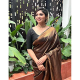 Gold litchi silk printed saree with unstitched blouse, casual occasion wear