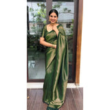 Green litchi silk printed saree with unstitched blouse for casual occasions