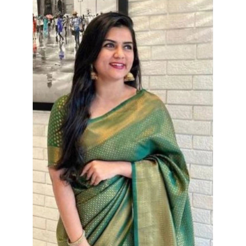 Green Litchi silk printed saree with unstitched blouse for casual wear