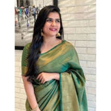 Green Litchi silk printed saree with unstitched blouse for casual wear