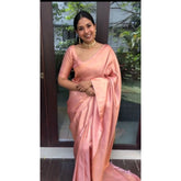 Peach litchi silk printed saree with unstitched blouse for casual occasions