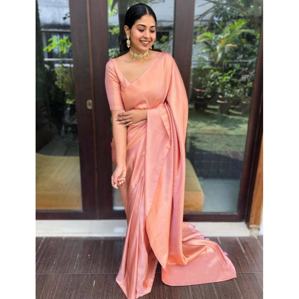 Peach litchi silk printed saree with unstitched blouse for casual occasions