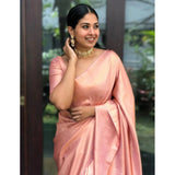Peach litchi silk printed saree with unstitched blouse for casual occasions