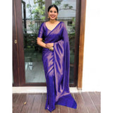 Purple litchi silk printed saree with unstitched blouse for casual occasions, vibrant patterns and luxurious texture
