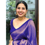 Purple litchi silk printed saree with unstitched blouse, elegant casual Indian wear on model