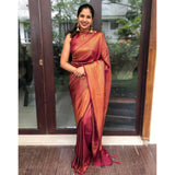 Red litchi silk printed saree with unstitched blouse for casual occasions