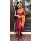Red litchi silk printed saree with unstitched blouse for casual occasions