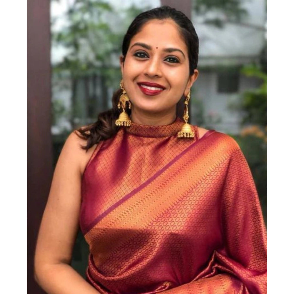 Red litchi silk printed saree with unstitched blouse for casual occasions