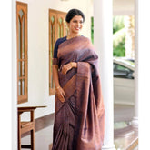 Navy blue litchi silk printed saree with unstitched blouse for casual occasions