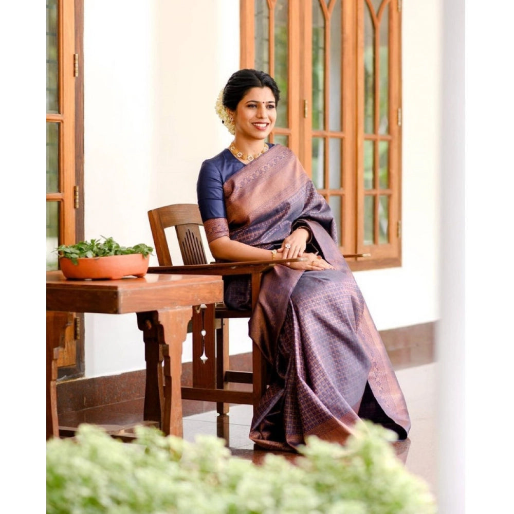 Navy blue litchi silk printed saree with unstitched blouse, casual Indian women's wear fashion