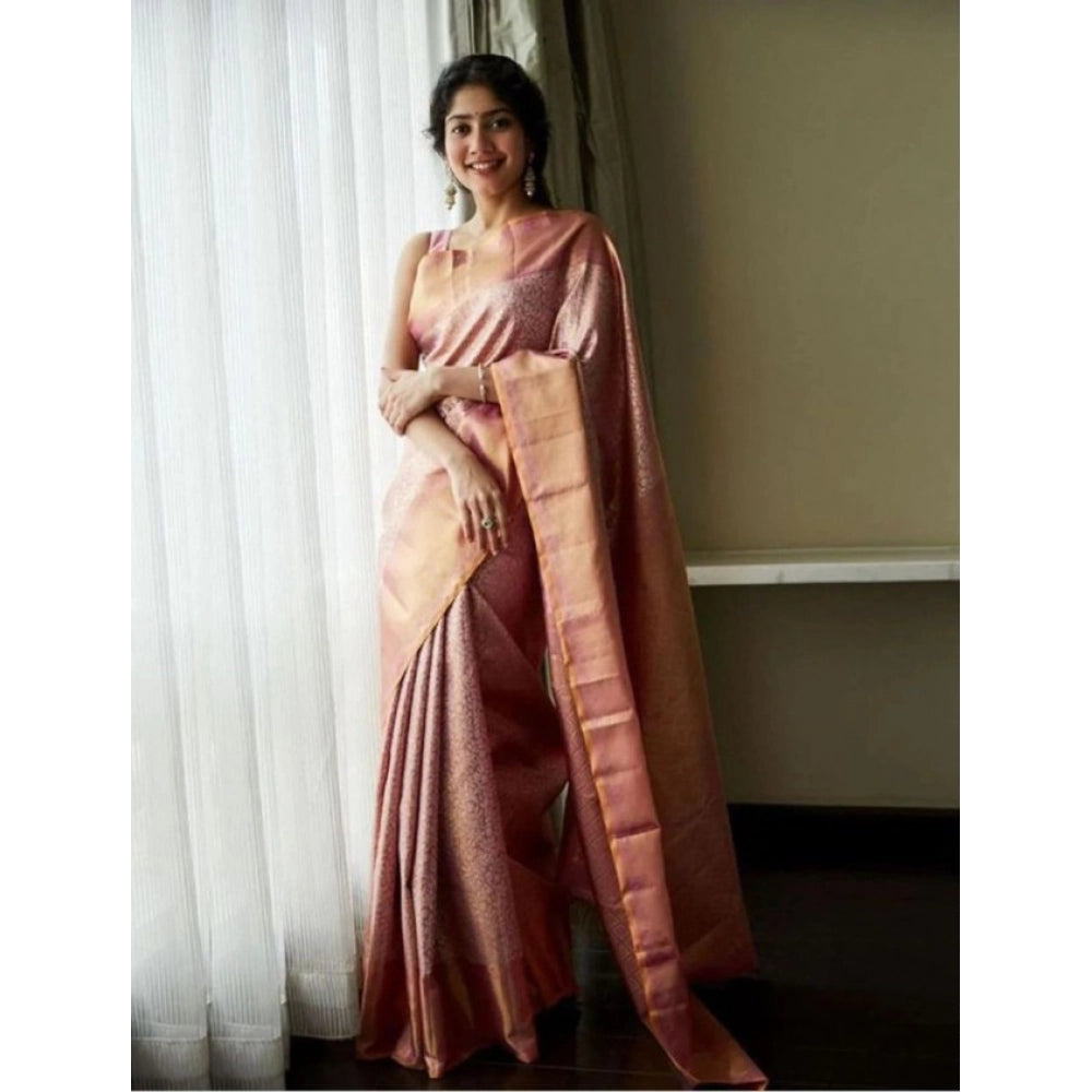 Light pink litchi silk printed saree with unstitched blouse - casual Indian wear fashion