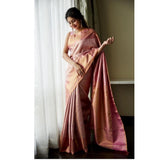 Light pink litchi silk saree with unstitched blouse, intricate floral print for casual occasions