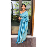 Sky blue litchi silk printed saree with unstitched blouse for casual occasions