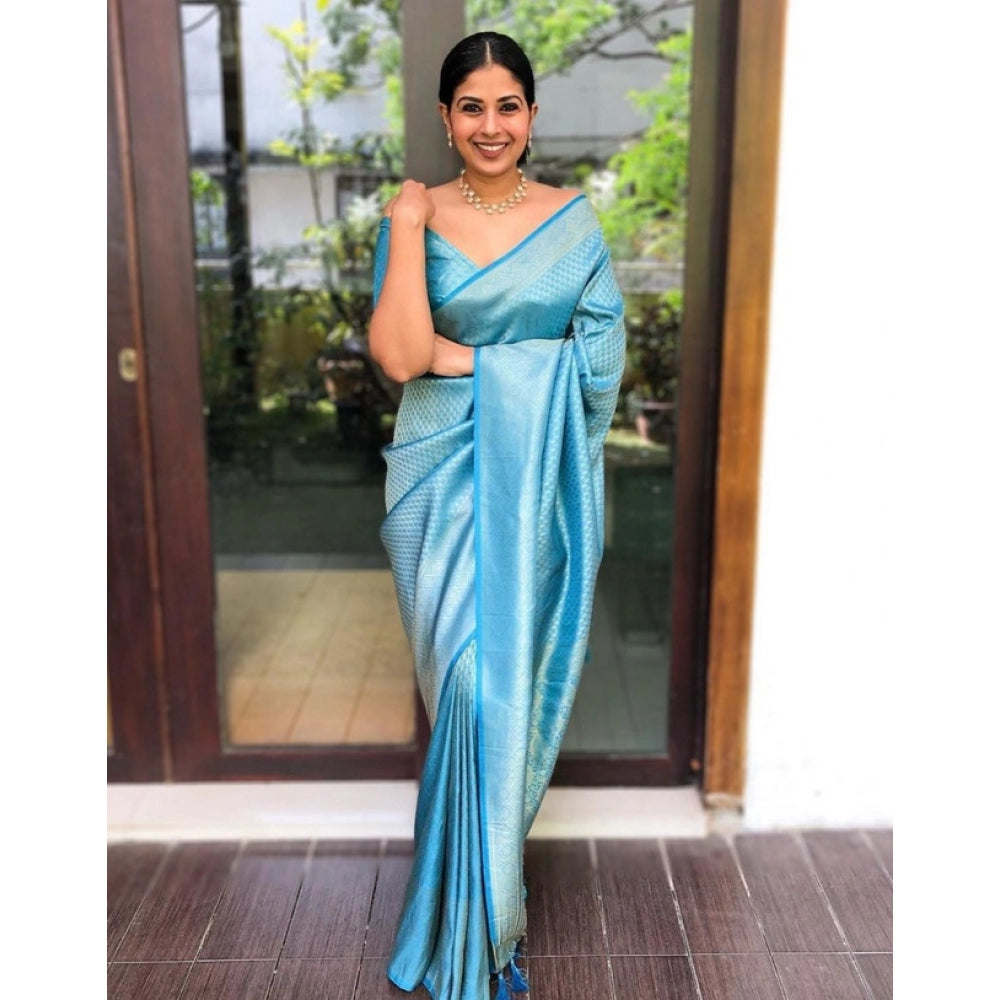 Sky blue litchi silk printed saree with unstitched blouse for casual occasions