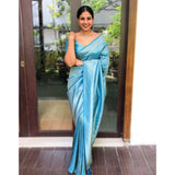 Sky blue litchi silk printed saree with unstitched blouse for casual occasions