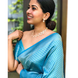 Sky blue litchi silk printed saree with unstitched blouse for casual occasions