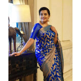 Blue litchi silk printed saree with unstitched blouse - casual occasion wear