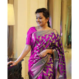 Pink litchi silk printed saree with unstitched blouse for casual occasions
