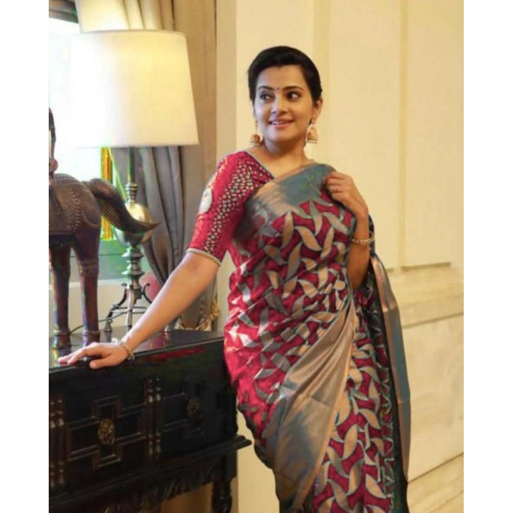 Red litchi silk printed saree with unstitched blouse, traditional Indian attire for casual events