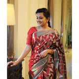 Red litchi silk printed saree with unstitched blouse, perfect for casual occasions