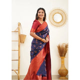 Blue litchi silk printed saree with unstitched blouse for casual occasions