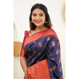 Blue litchi silk printed saree with unstitched blouse for casual events