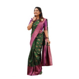 Green litchi silk printed saree with unstitched blouse, casual Indian women's wear on mannequin