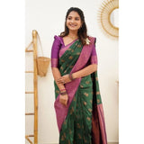 Green Litchi silk printed saree with unstitched blouse for casual occasions