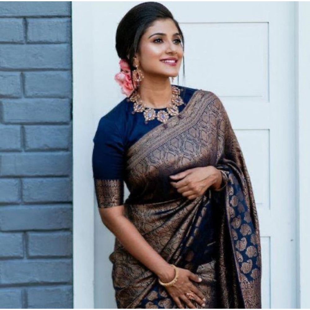 Blue litchi silk printed saree with unstitched blouse for casual occasions