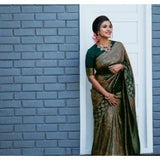 Green litchi silk printed saree with unstitched blouse, ideal for casual occasions