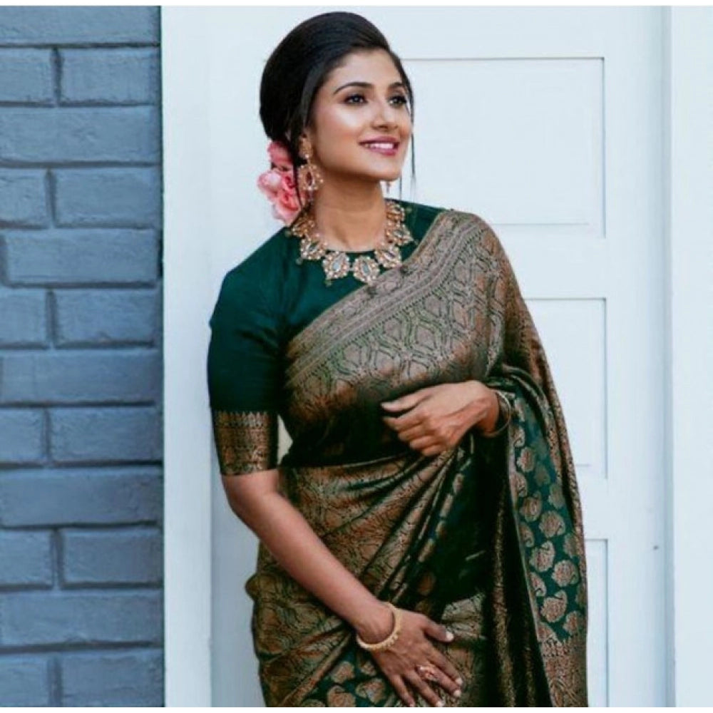 Green litchi silk printed saree with unstitched blouse for casual occasions