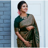 Green litchi silk printed saree with unstitched blouse for casual occasions